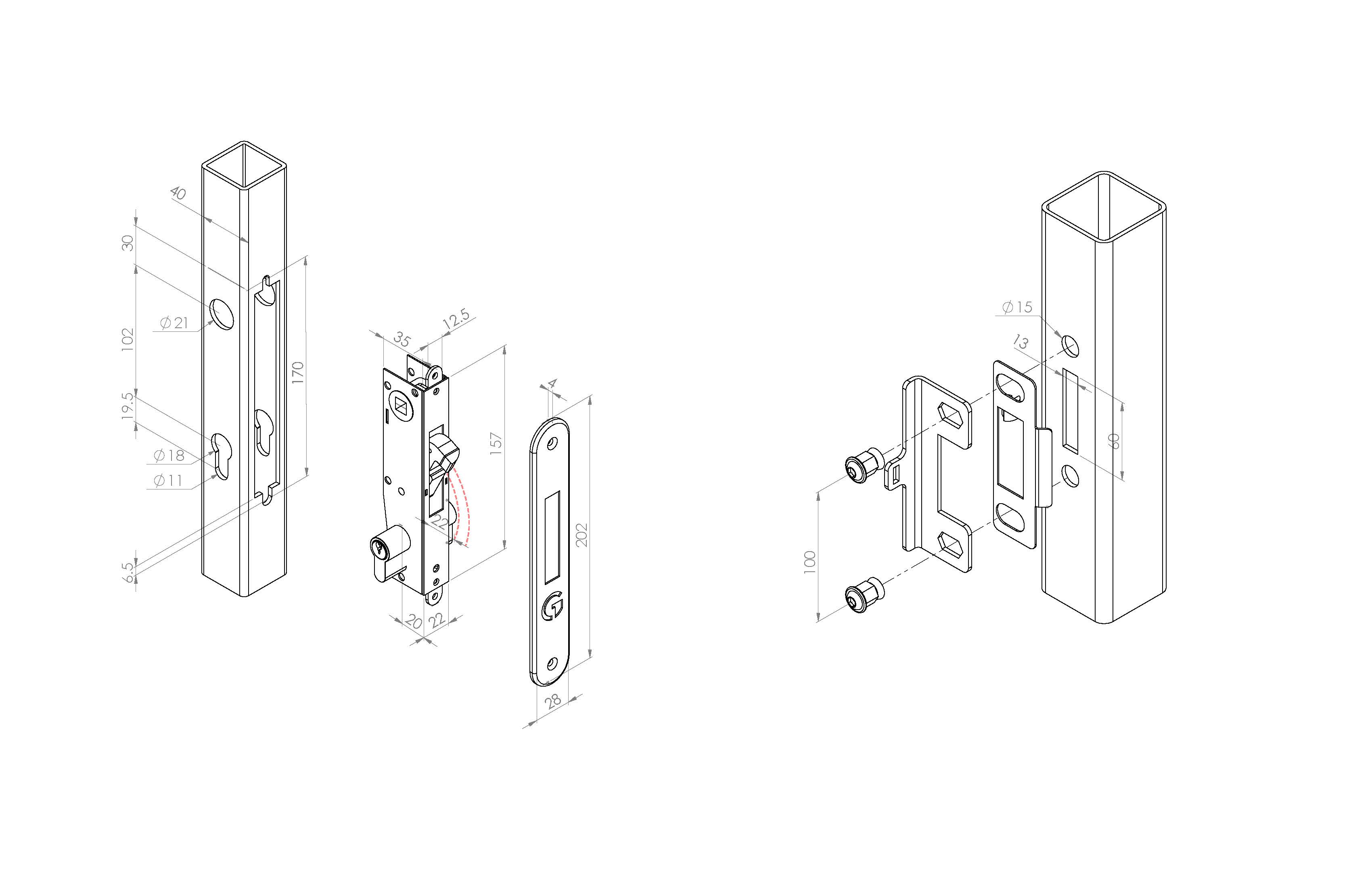 Technical drawings of the mortice hook lock and the keep that goes with it